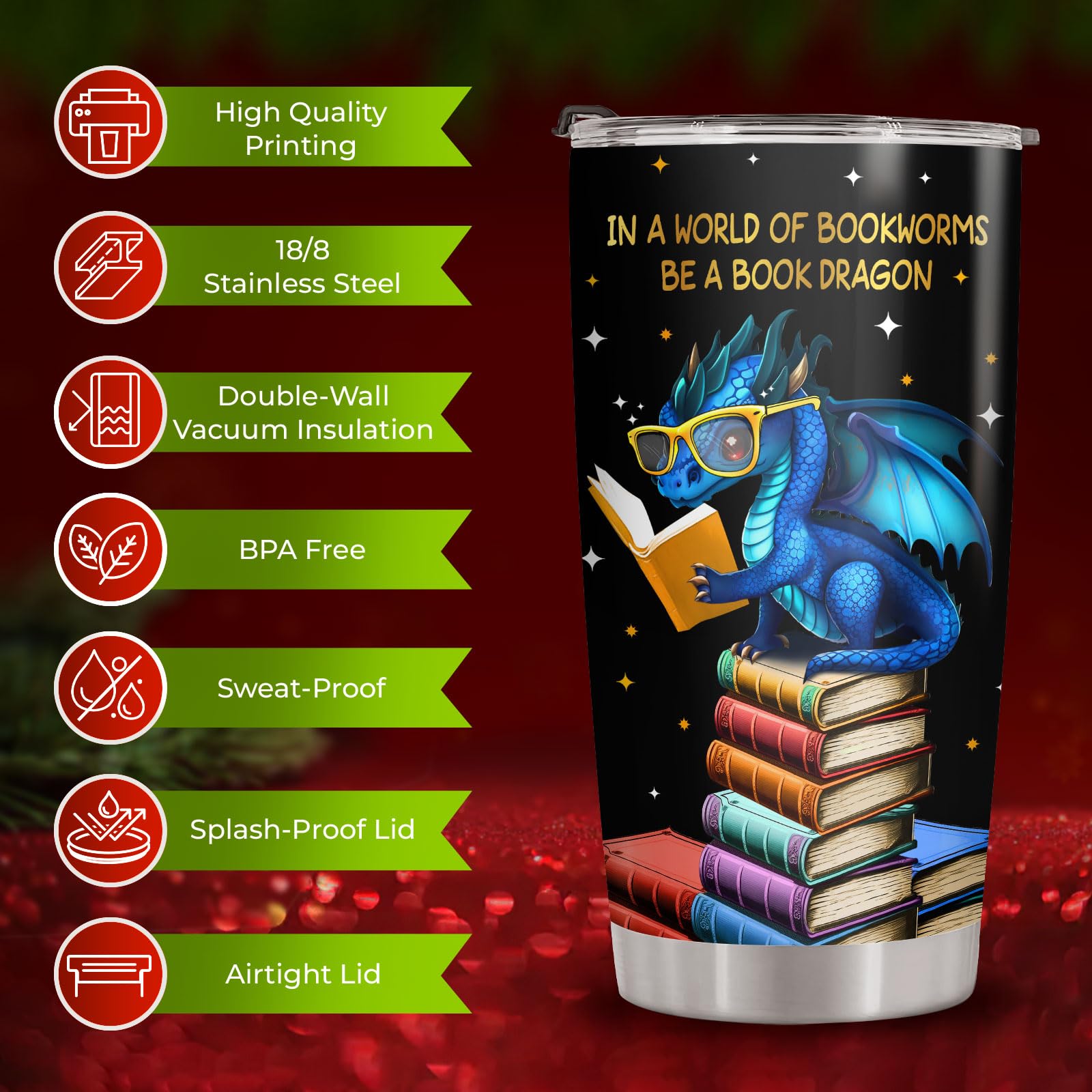 34HD Detalle de dragón en taza, arte para amantes de libros