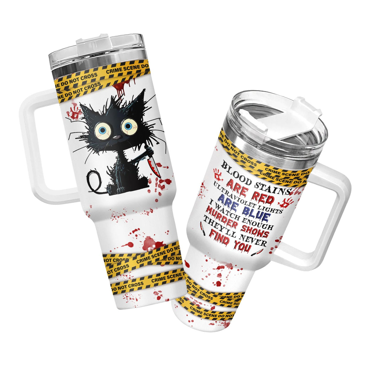 34HD Horror Cat Tumbler con tapa, ideal para evitar derrames y mantener la bebida segura.