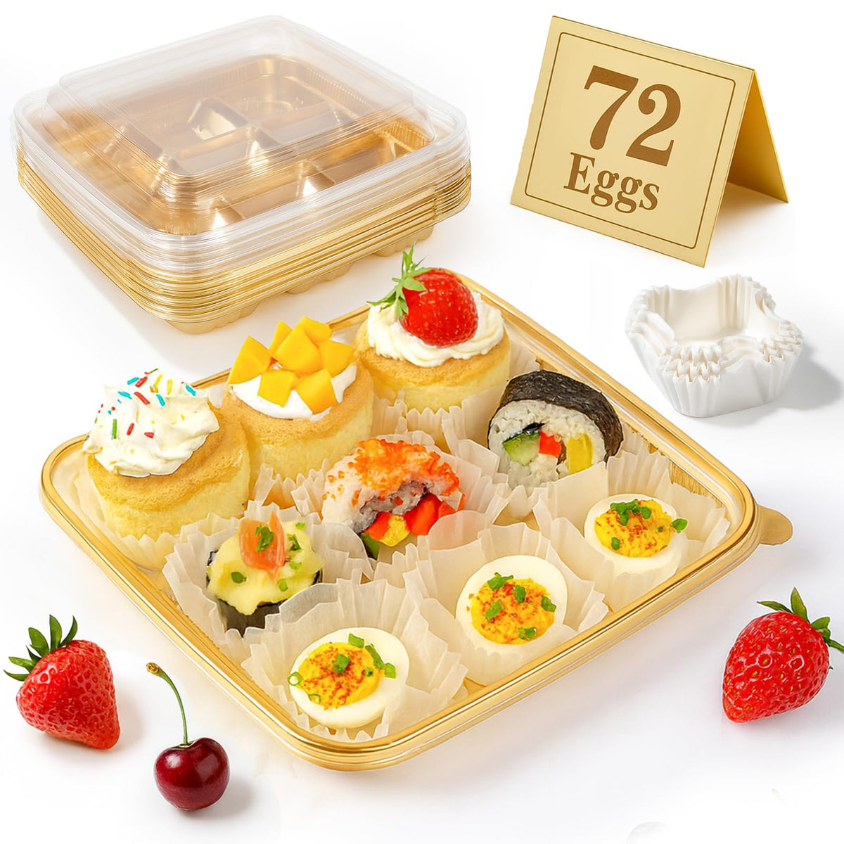 Bandeja 77L para huevos 72 con tapa transparente para servicio ordenado.