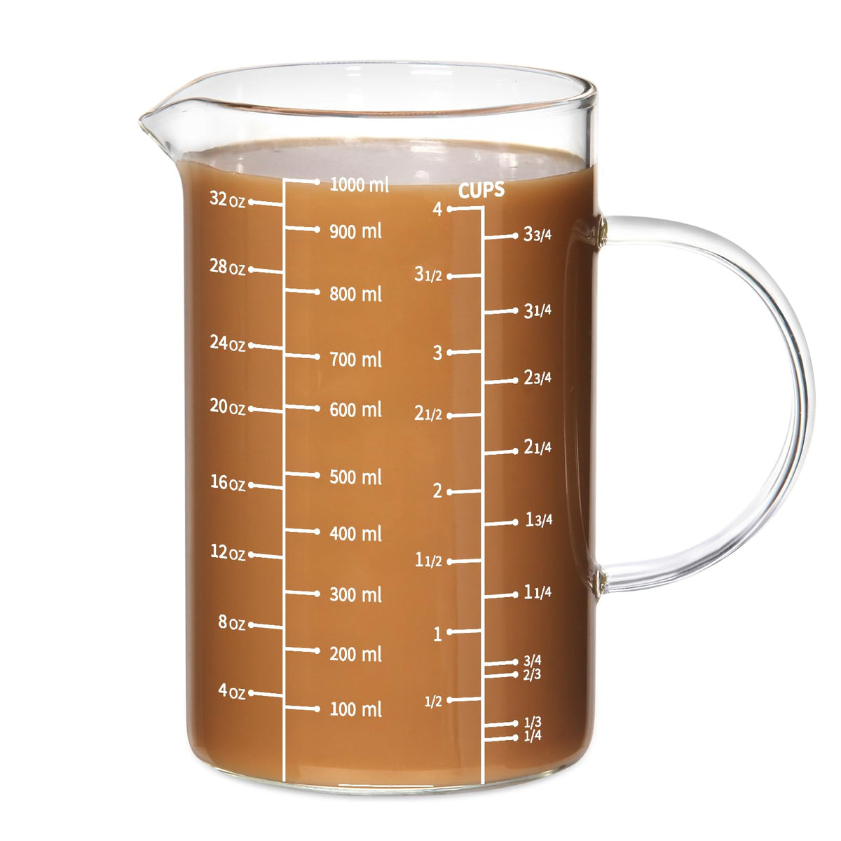 77L taza medidora de vidrio 1000 ml, lectura clara para recetas precisas.