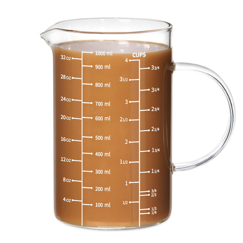 77L taza medidora de vidrio 1000 ml, lectura clara para recetas precisas.