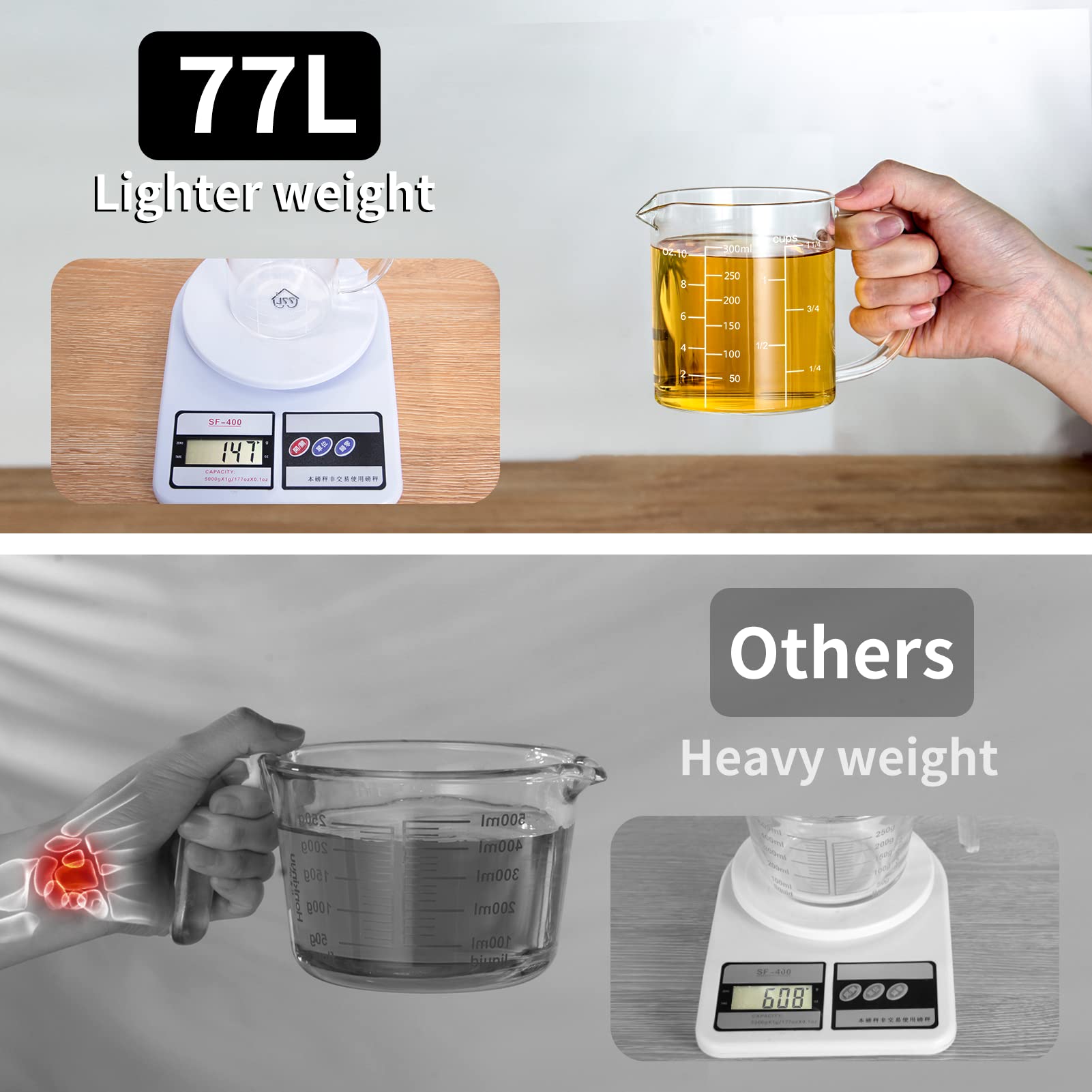 Vaso medidor 77L con tres escalas para recetas rápidas