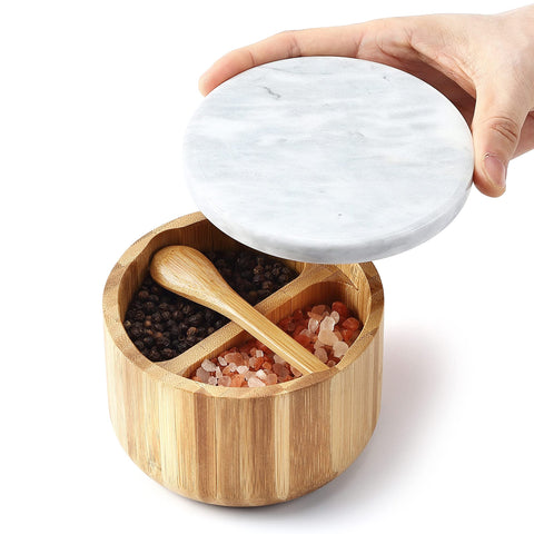 8SOM caja sal pimienta en bambú con tapa de mármol para frescura