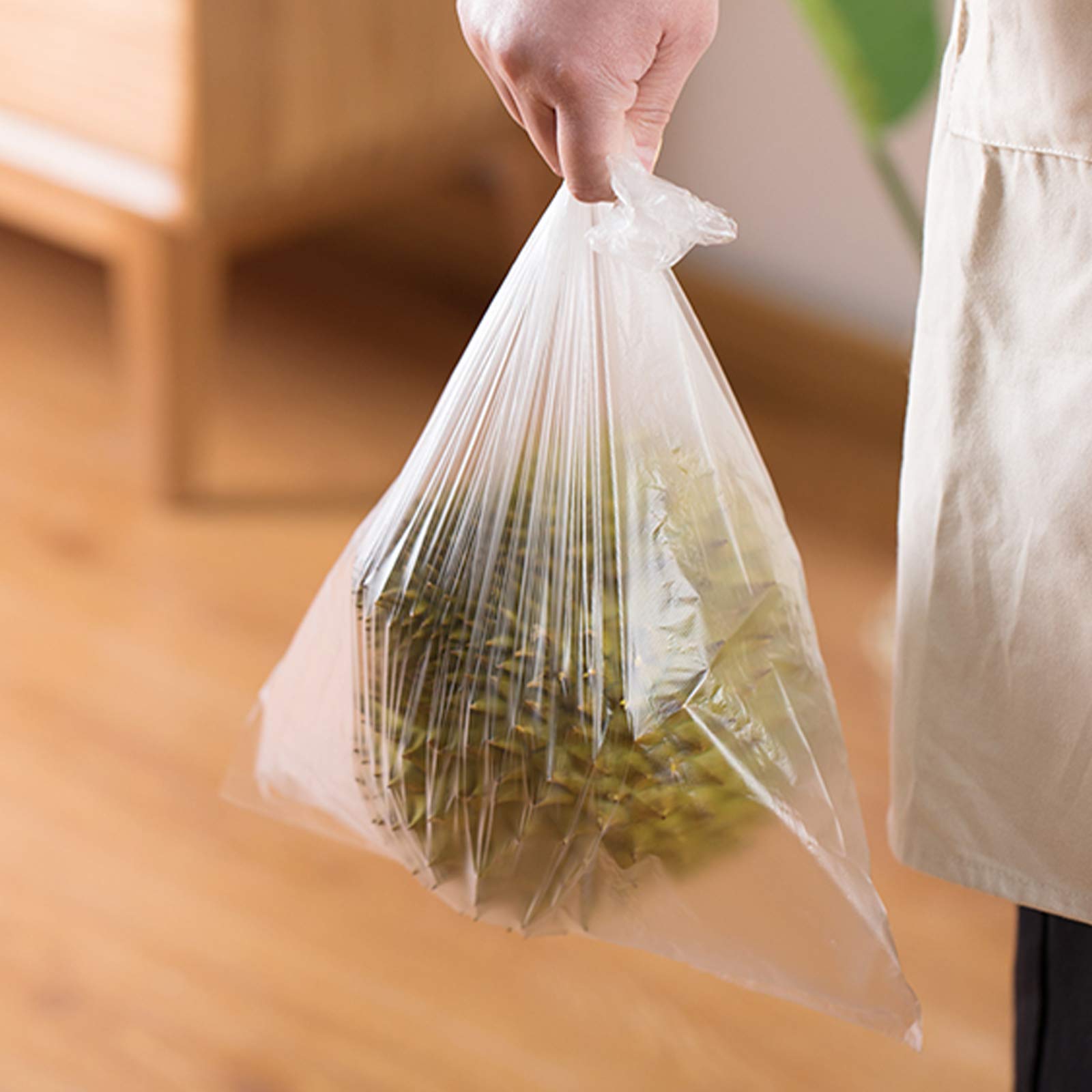 9527 Product bolsas claras para frutas y verduras, ideales para organización en la cocina.