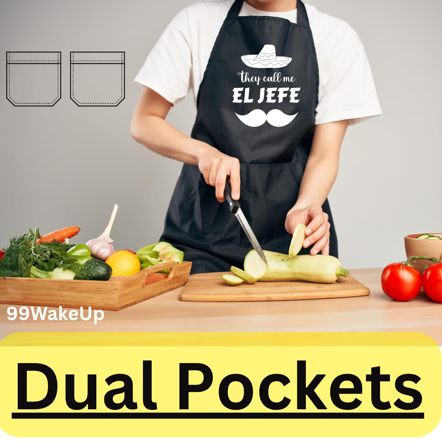 Delantal 99WakeUp El Jefe, impresión grafica blanca para un look llamativo.