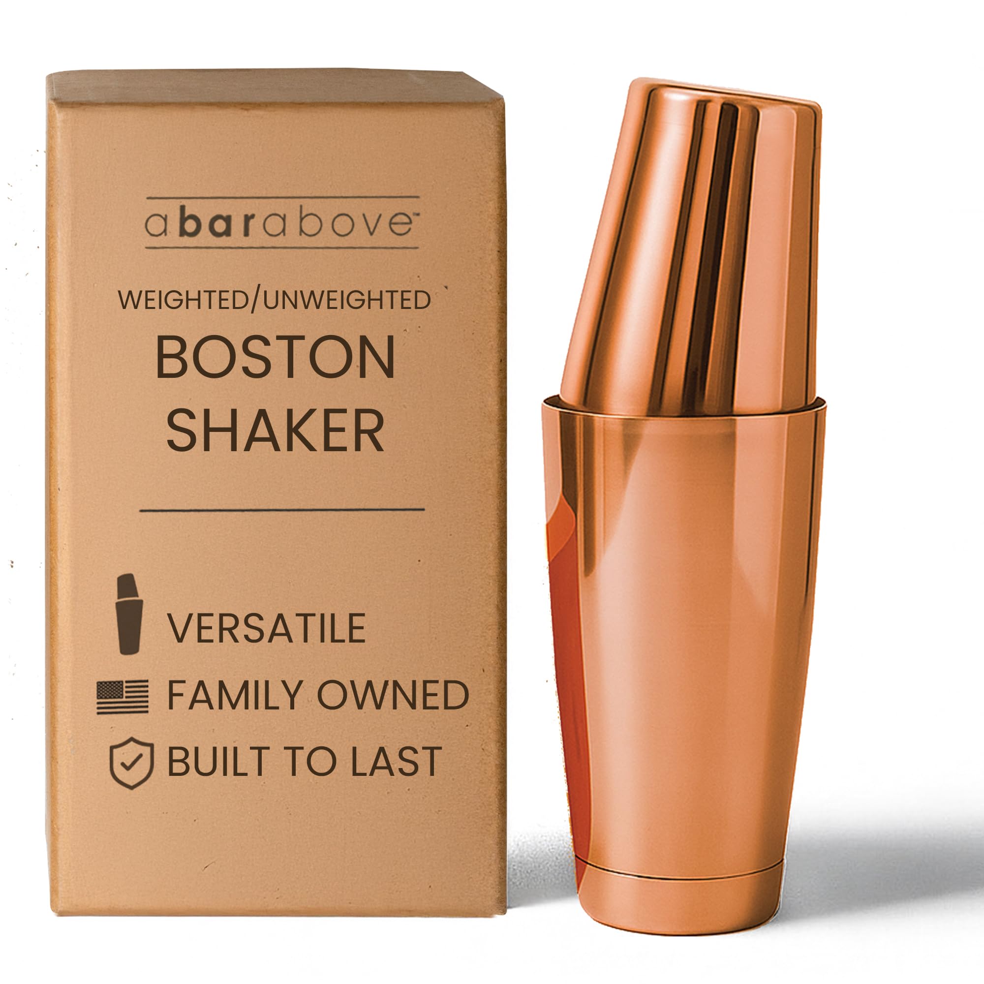 A Bar Above Boston Shaker 18oz con peso y contrapeso para batidos suaves.