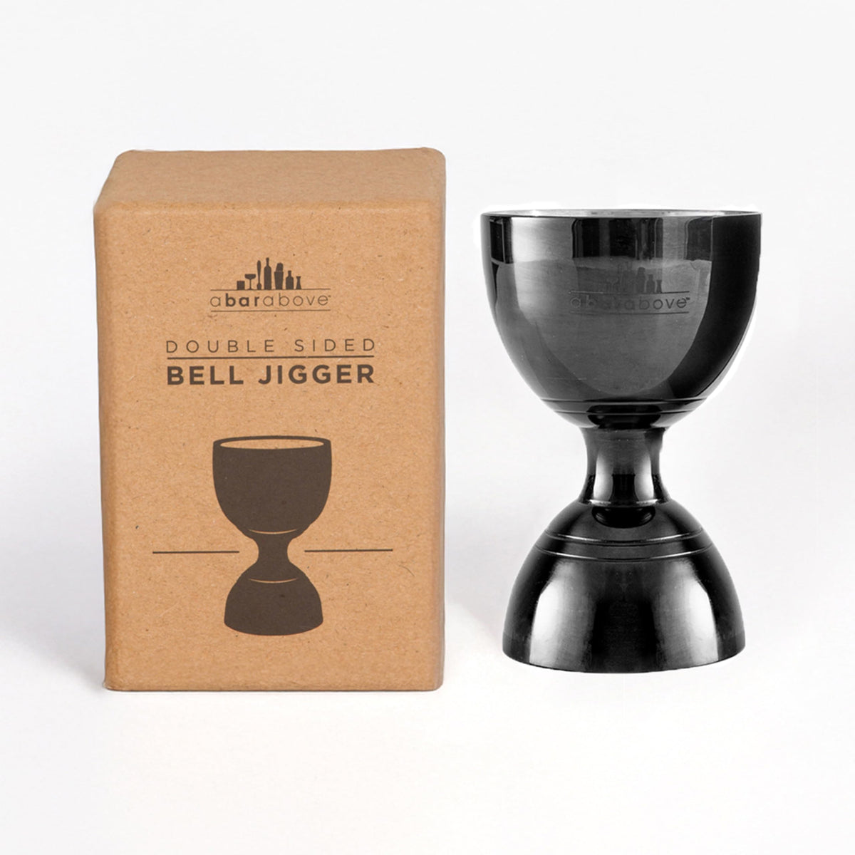 A Bar Above jigger negro con medidas 1oz y 2oz para cocteles precisos.
