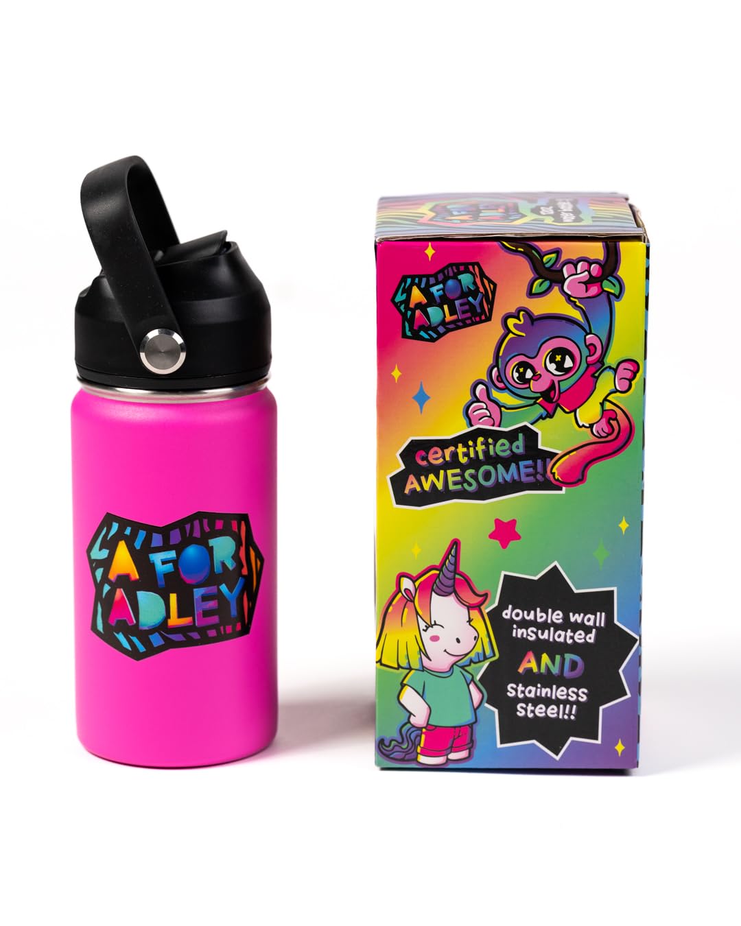 Botella neón rosa de A FOR ADLEY mantiene bebidas frías por más tiempo