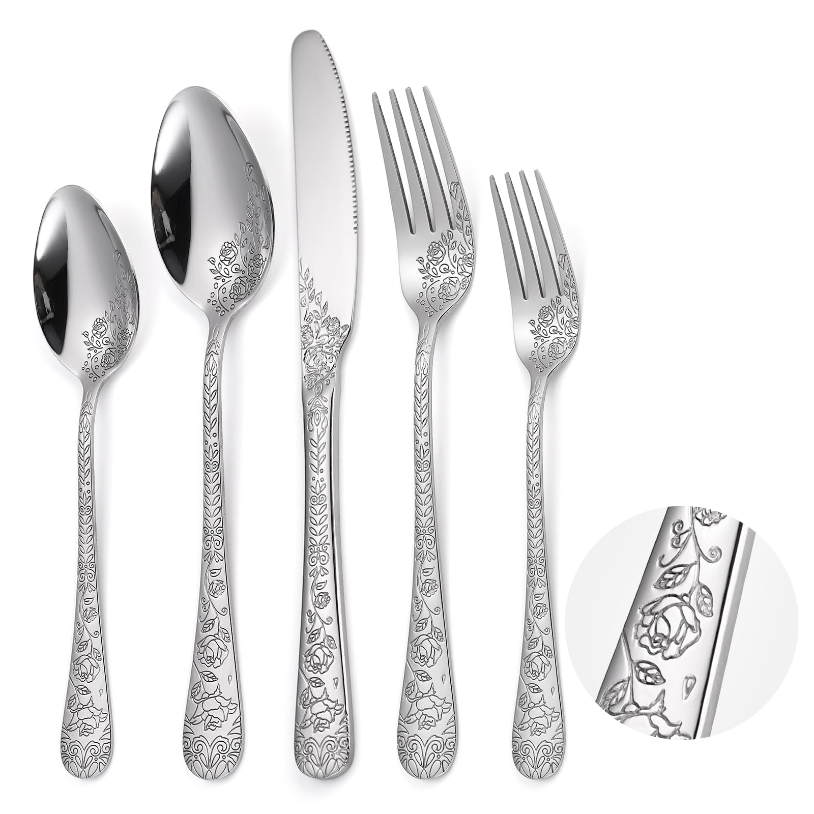A · HOUSEWARE juego cubiertos florales con relieve de rosas para mesa elegante.