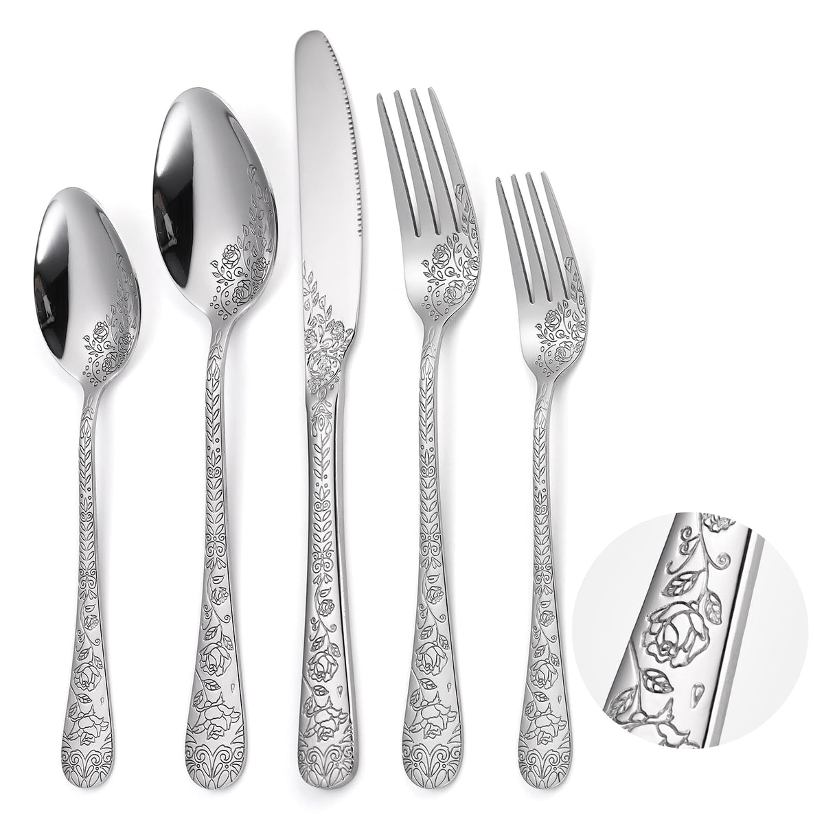 A · HOUSEWARE juego cubiertos florales con relieve de rosas para mesa elegante.