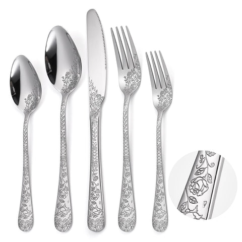 A · HOUSEWARE juego cubiertos florales con relieve de rosas para mesa elegante.