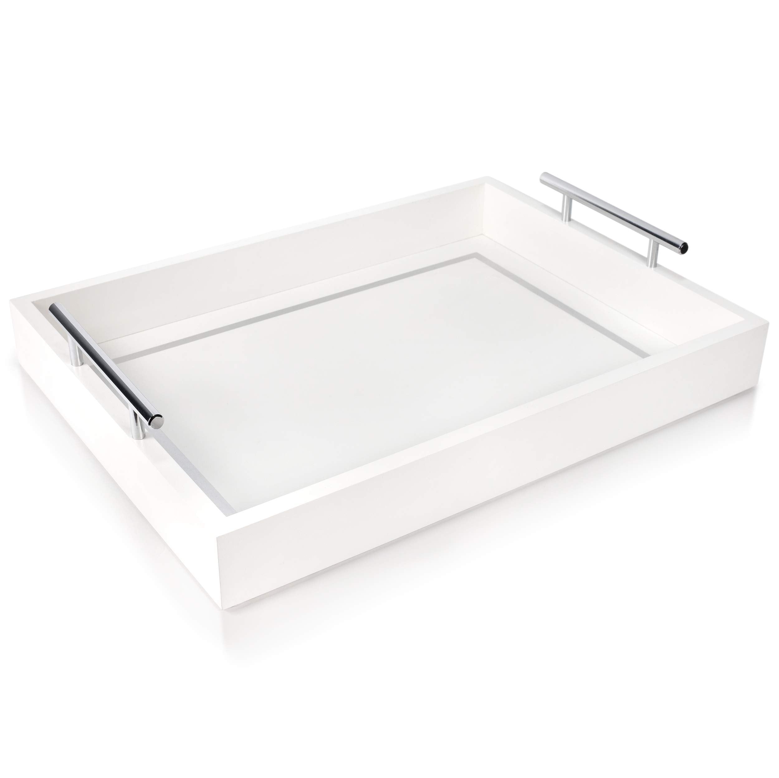 Bandeja decorativa blanca A1 HOMNET con asas plateadas, ideal para organización elegante.