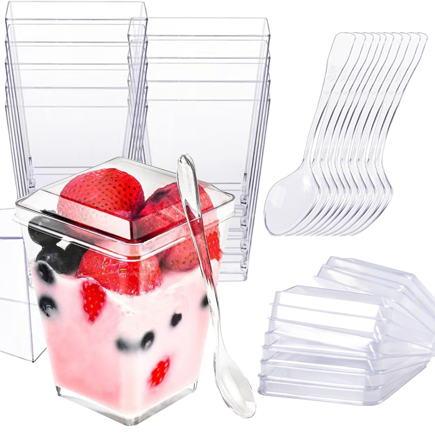 Copa Aacehlh de postre cuadrada 5 oz con tapa y cuchara, ideal para degustaciones.