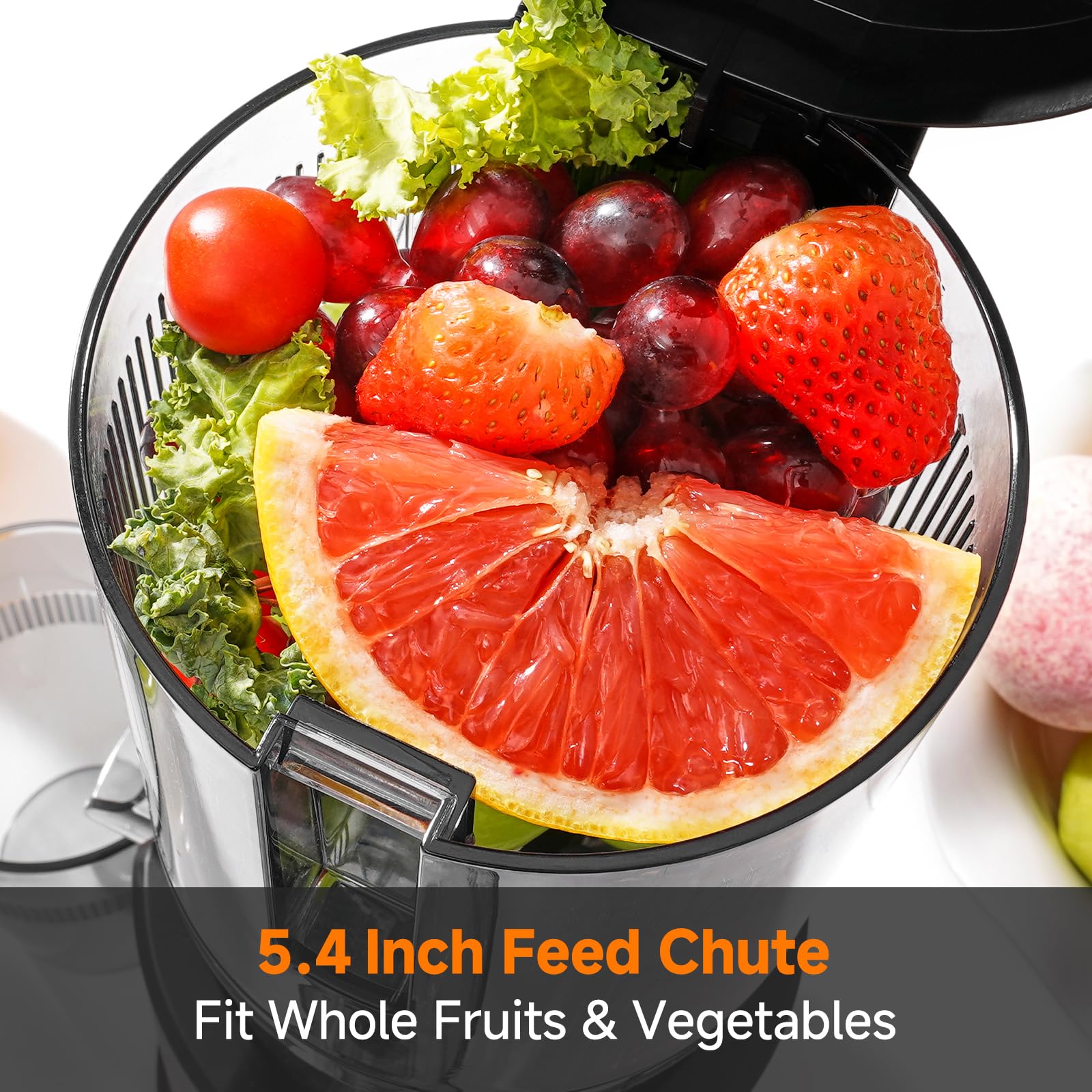 AAOBOSI exprimidor frío muestra entrada amplia, ideal para frutas enteras.