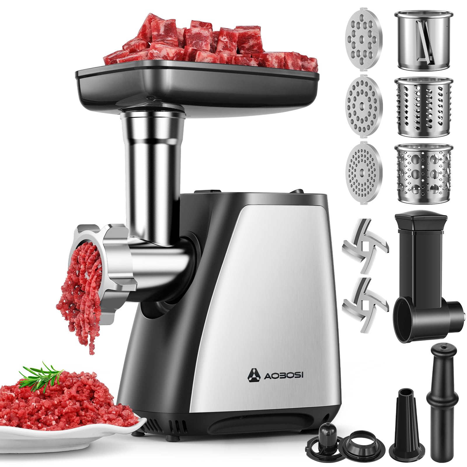 AAOBOSI molinillo de carne 4 en 1, motor 2800W, vista frontal