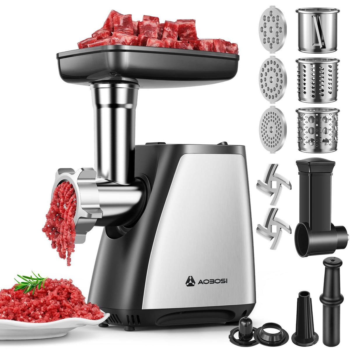 AAOBOSI molinillo de carne 4 en 1, motor 2800W, vista frontal