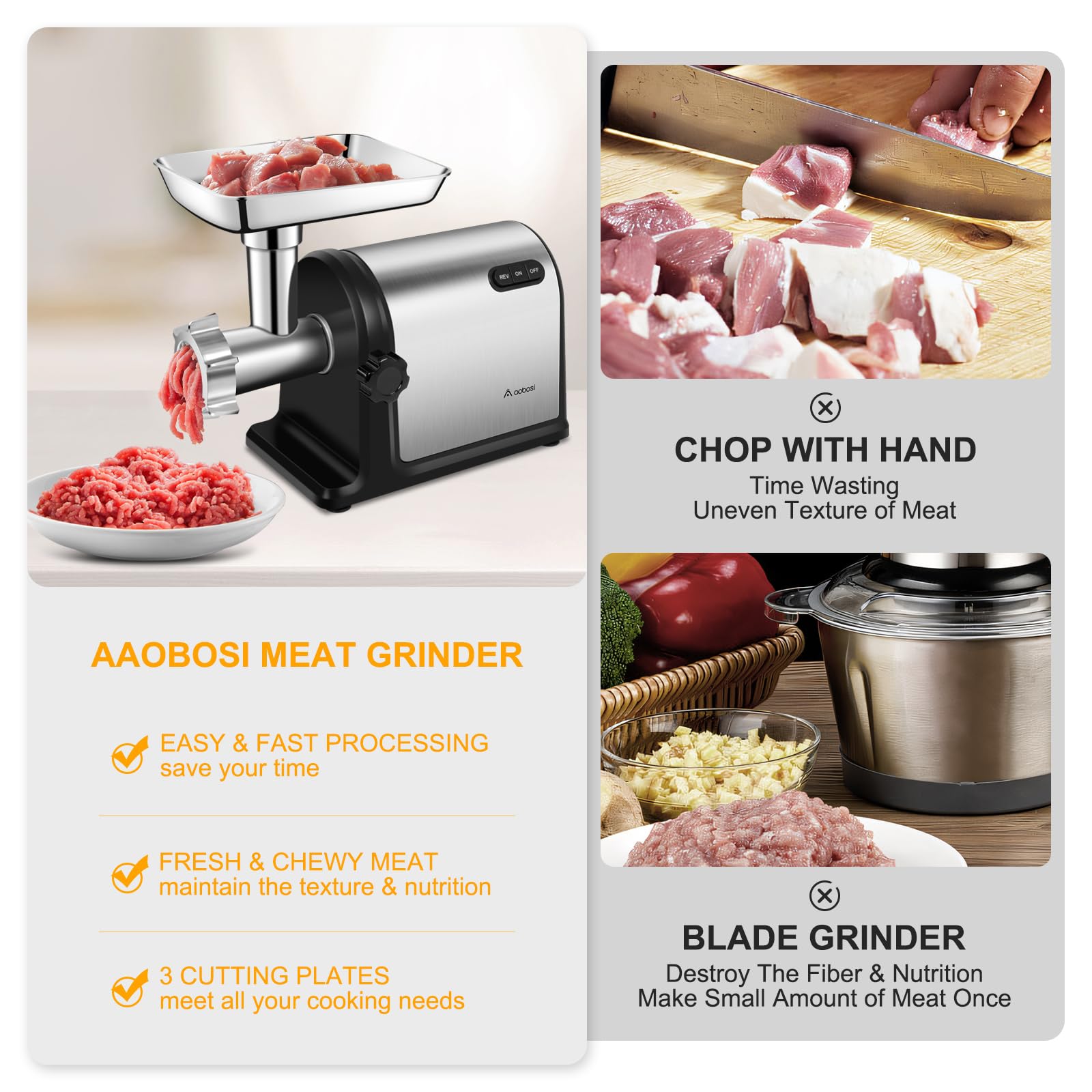 AAOBOSI picadora de carne 3000W tubo embutir mediano para rellenos uniformes