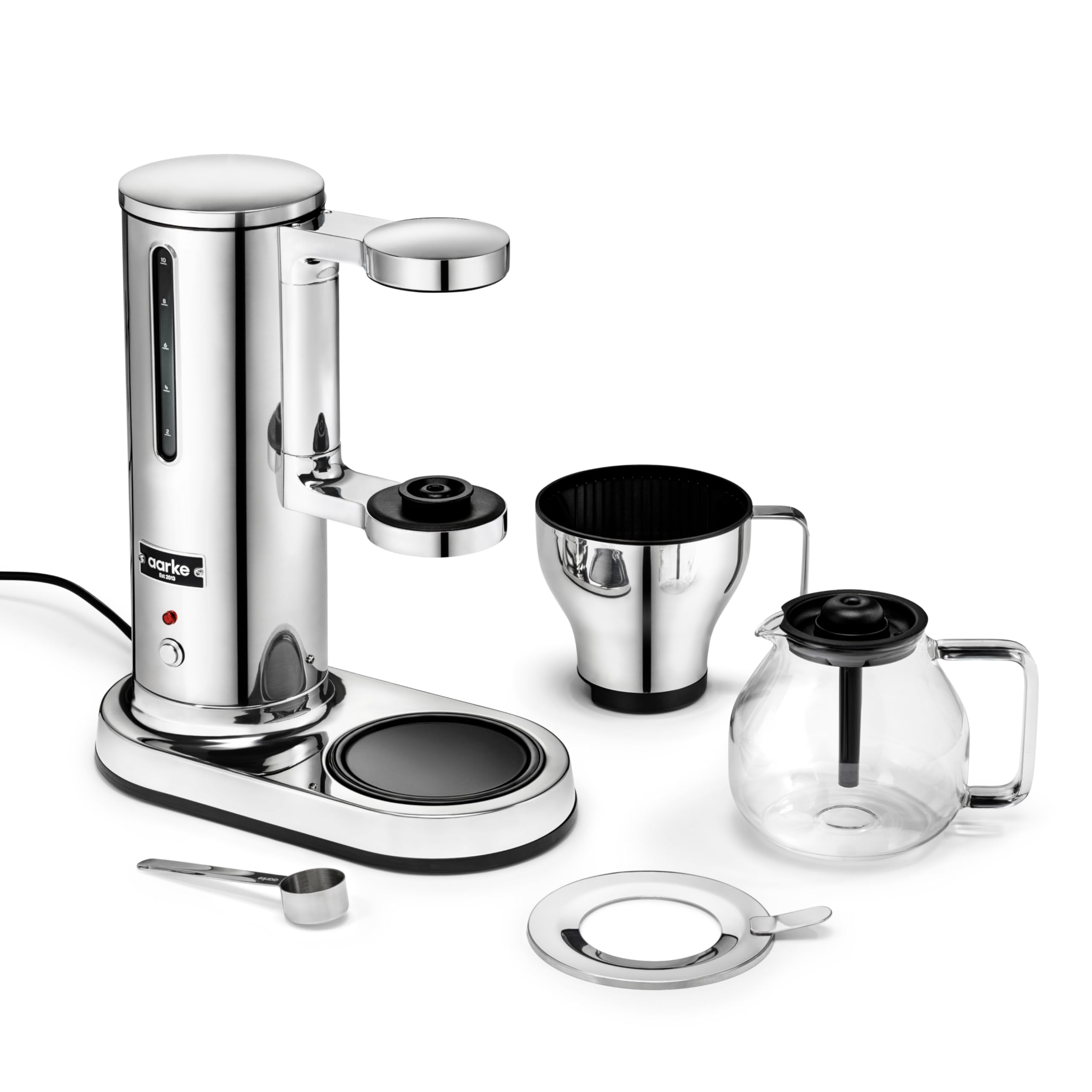 Aarke cafetera con jarra de vidrio, forma elegante para servir.