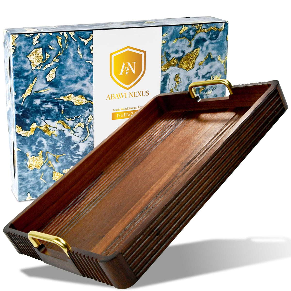 Abawi Nexus bandeja de acacia con manijas metálicas, ideal para servir desayunos con estilo.