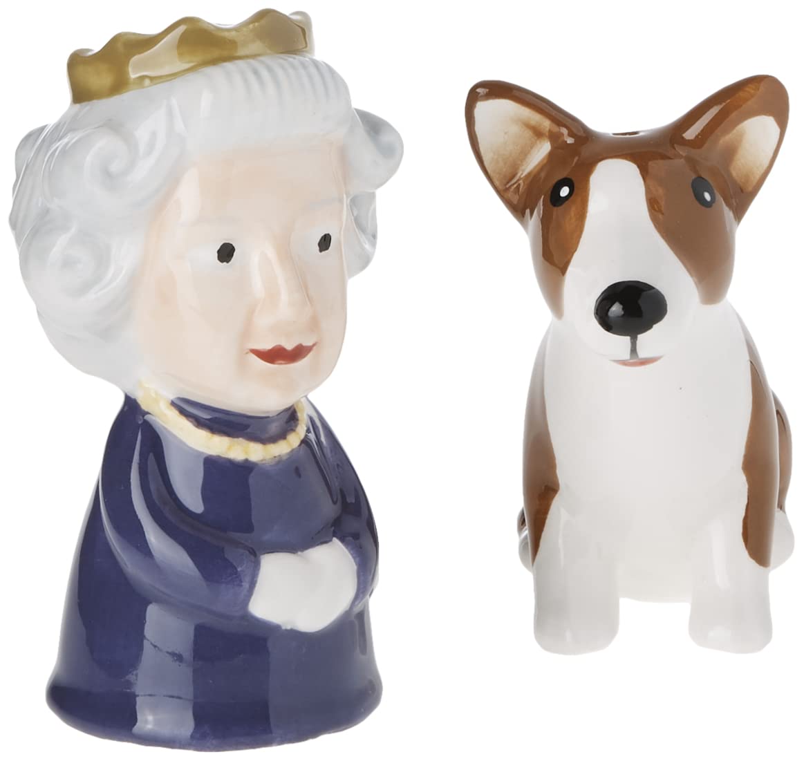 Abbott Collection Reina y Corgi, salero y pimentero cerámicos, diseño realista para la mesa.