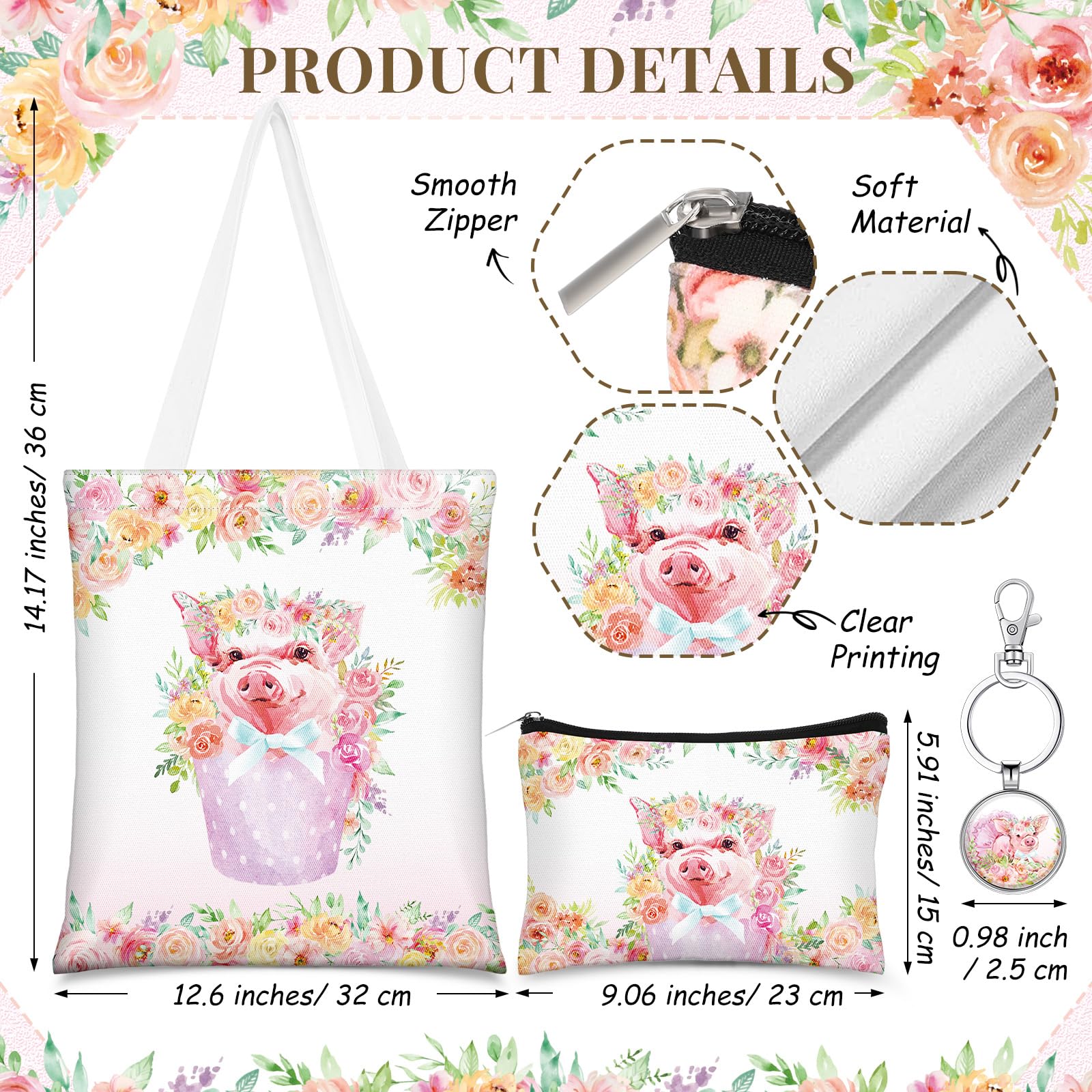Bolsa Abbylike lona grande con cerdo girasoles, ideal para compras y salidas