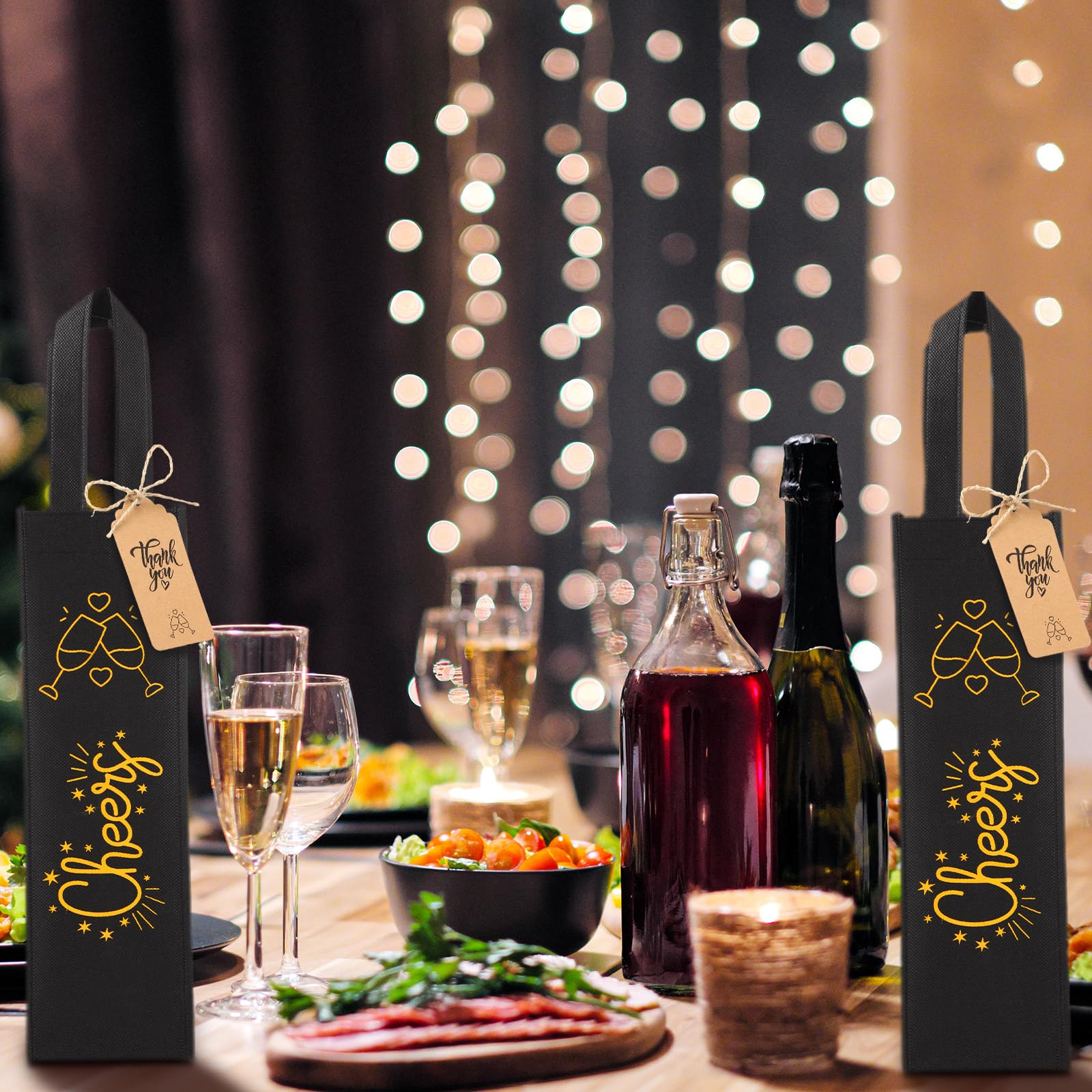 Abbylike bolsa negra con brindis, diseño festivo y elegante.