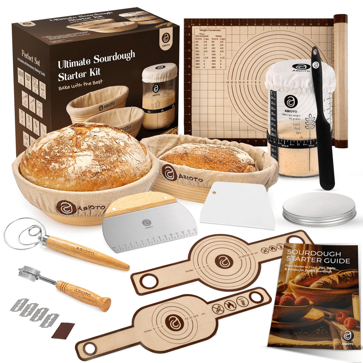 Kit ABIOTO Sourdough completo en la encimera para hornear pan artesanal desde el primer uso.