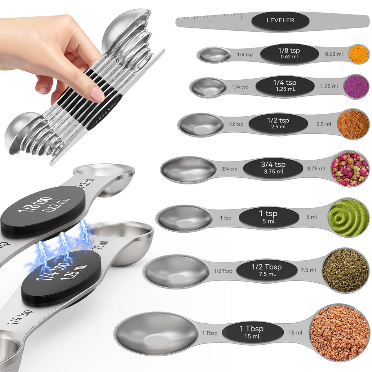 Abtrino cucharas medidoras magnéticas de 8 piezas para almacenamiento compacto.