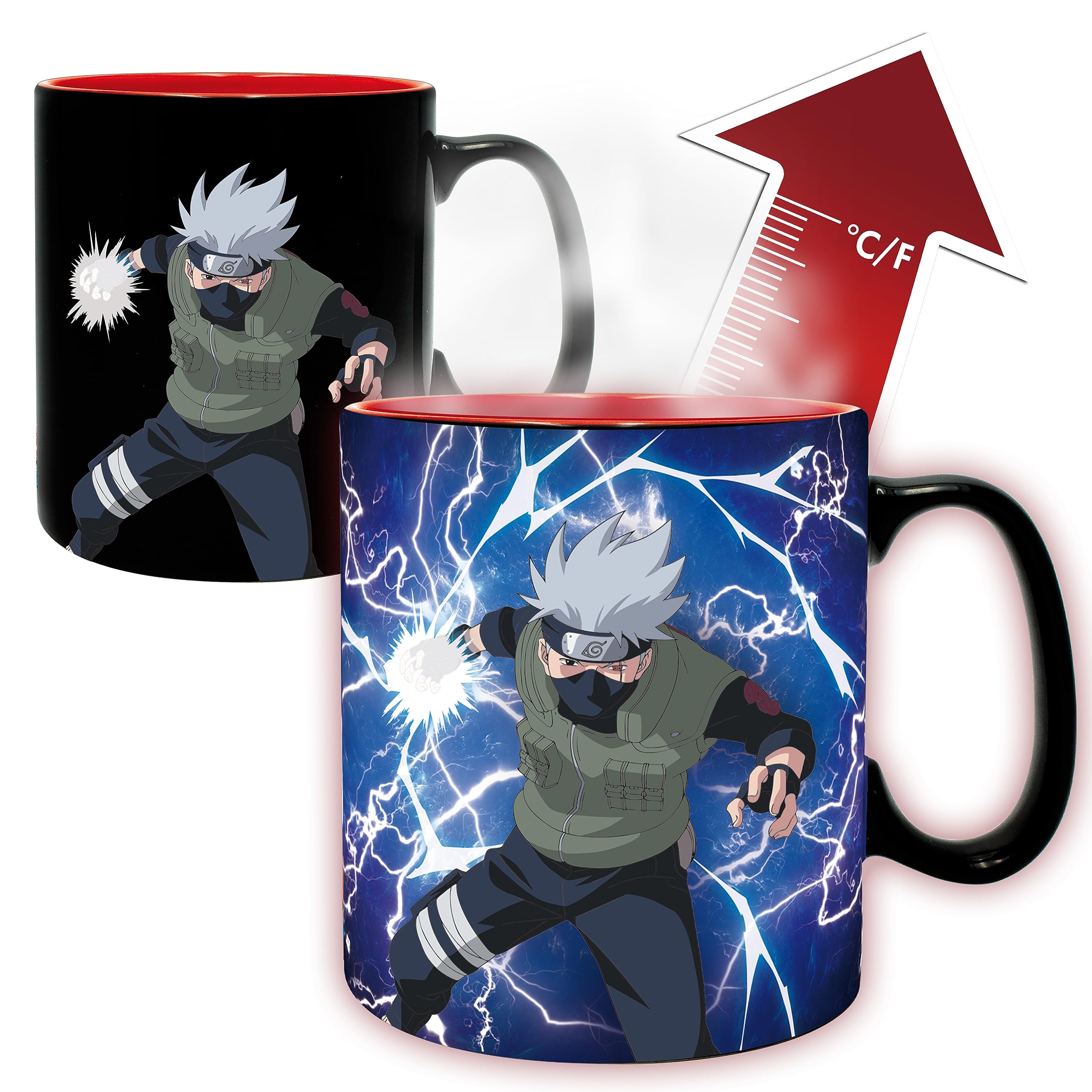 Taza ABYSTYLE Naruto Sharingan cambia de color al ver Itachi y Kakashi, ideal para bebidas.