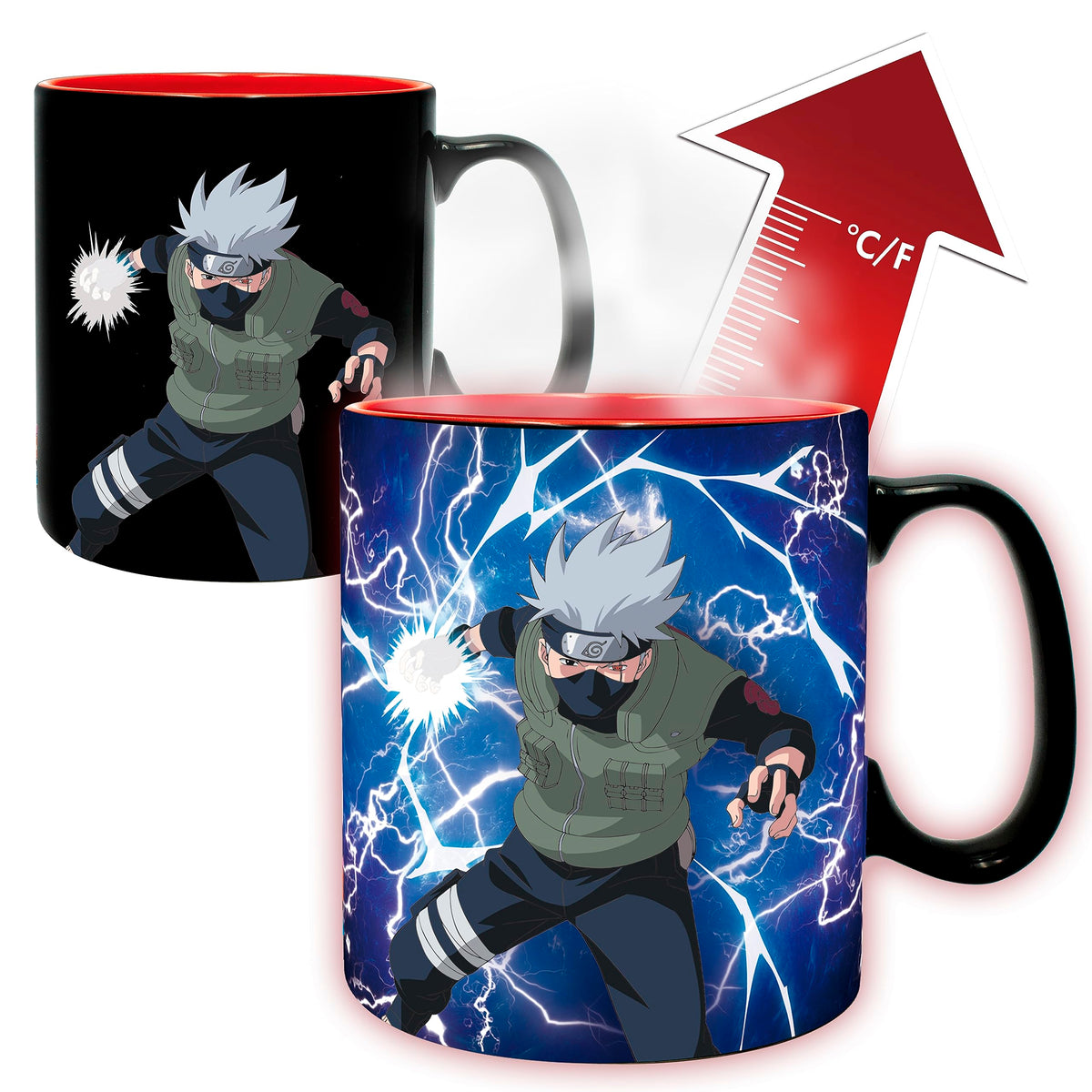 Taza ABYSTYLE Naruto Sharingan cambia de color al ver Itachi y Kakashi, ideal para bebidas.