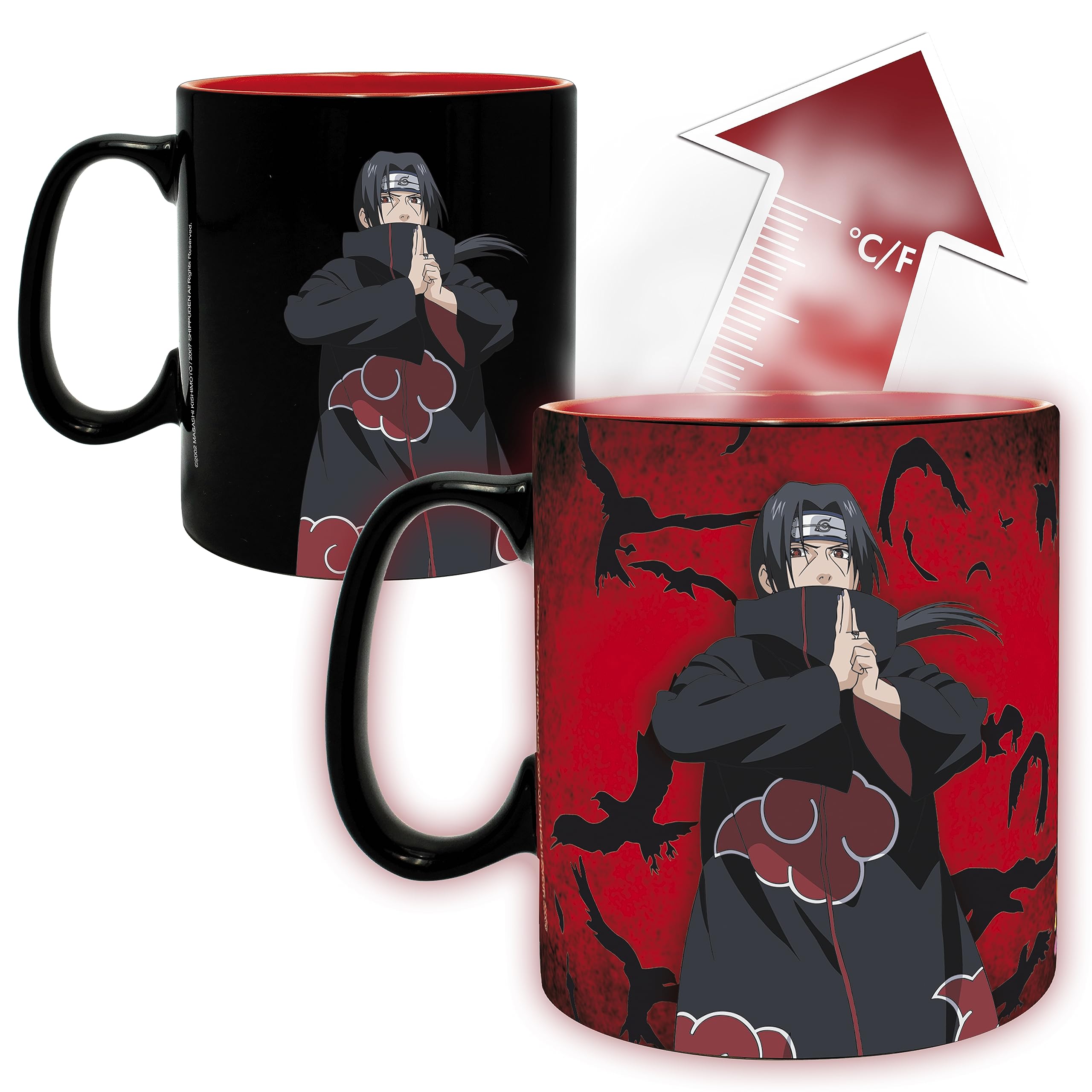 Taza ABYSTYLE Naruto cerámica revela diseño al caliente con fondo icónico.
