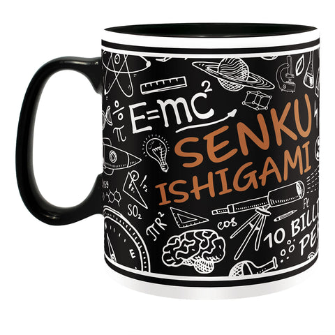 Taza ABYSTYLE con impresión de Senku en estilo manga, perfecta para lectura.