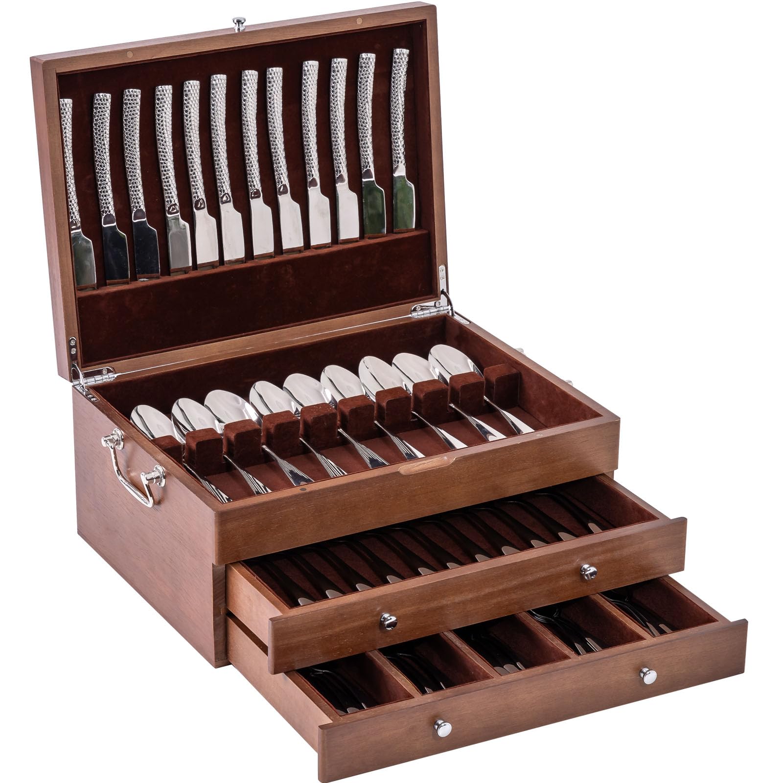 ACBORN caja de cubiertos con tapa muestra tres compartimentos y acabado en madera natural.