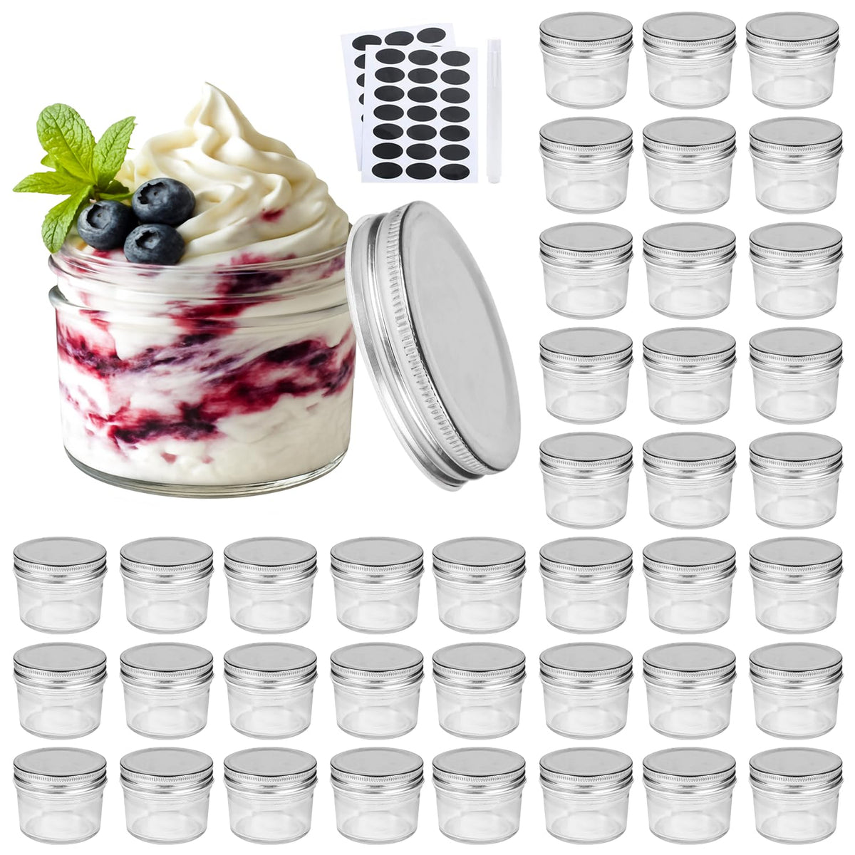Accguan botes de vidrio 4oz con tapas plata, almacenamiento hermético para miel o mermelada.