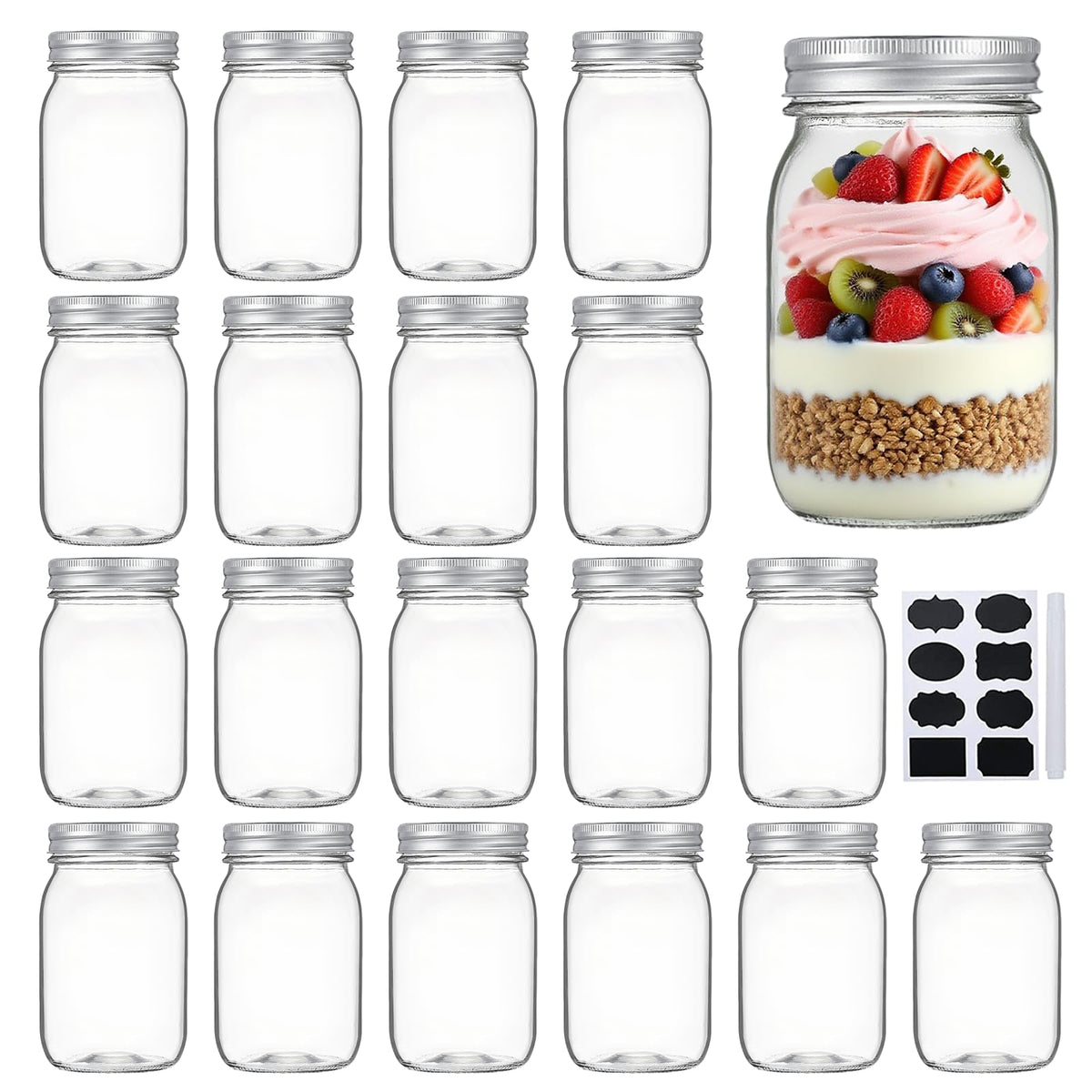 Accguan frascos mason de vidrio 12oz con tapa plateada para conservas seguras y frescas.