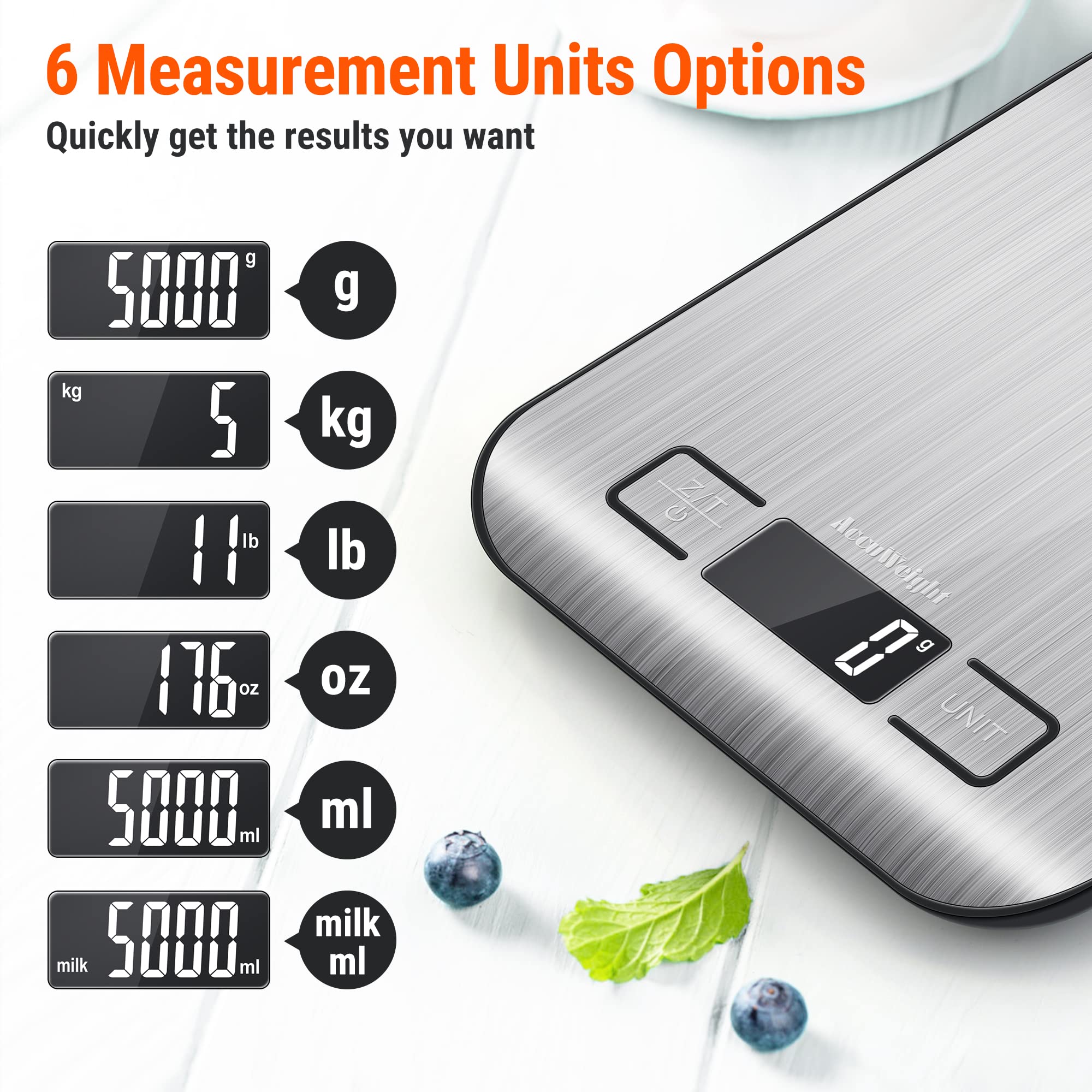 AccuWeight 211: función tara para descontar envases y obtener ingredientes puros.