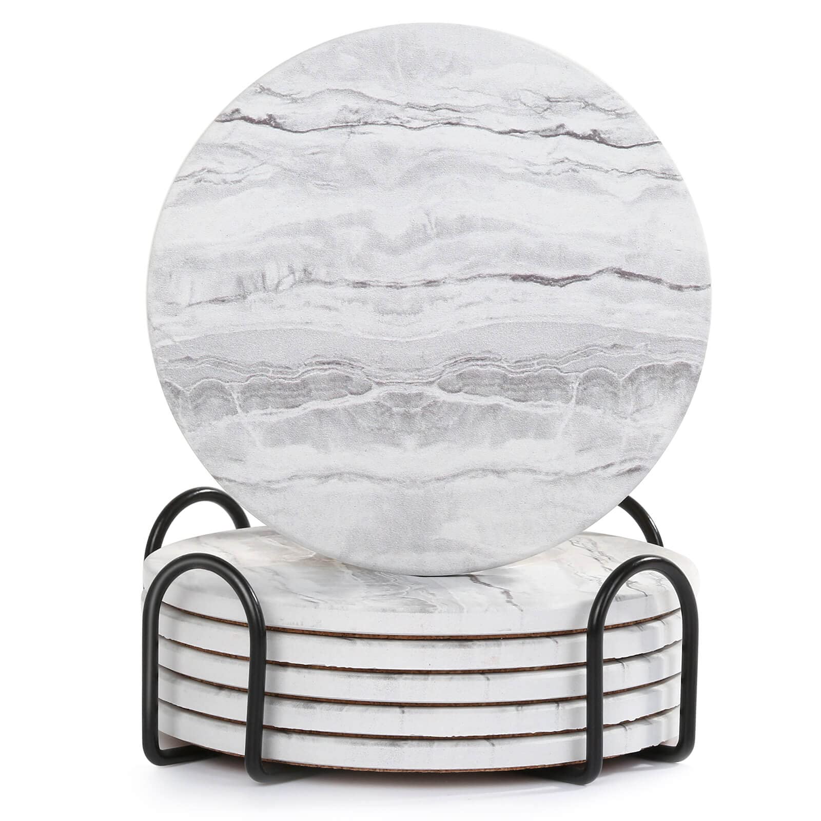 Acejoz posavasos cerámicos con porta, estilo mármol, ideal para mesa limpia.
