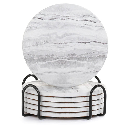 Acejoz posavasos cerámicos con porta, estilo mármol, ideal para mesa limpia.