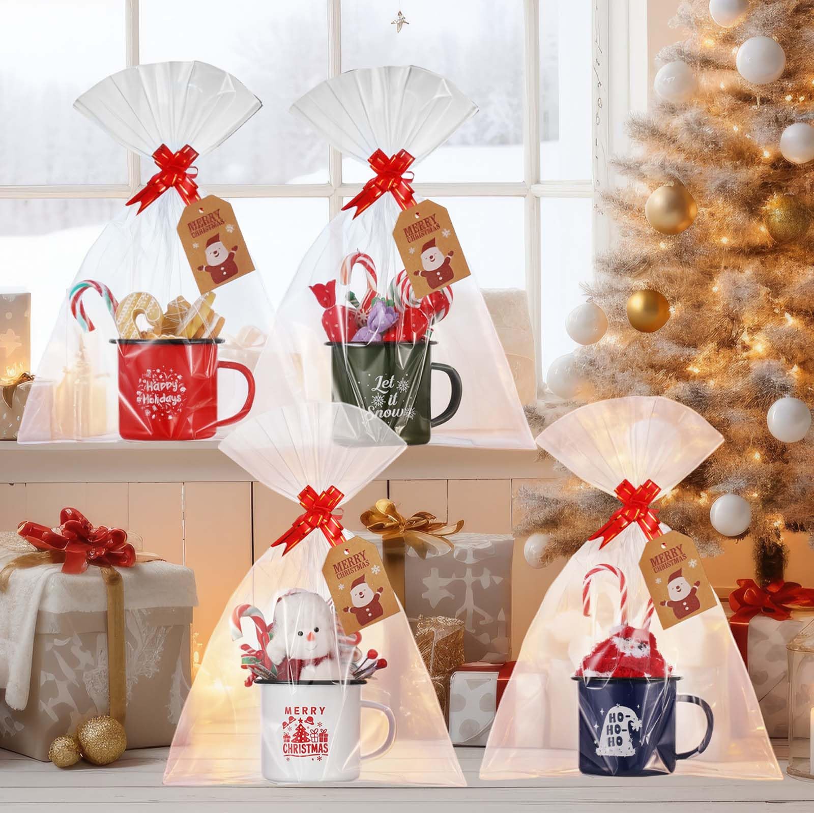 Juego de 4 tazas esmaltadas Acellegic Navidad, colores rojo, verde, blanco y azul.