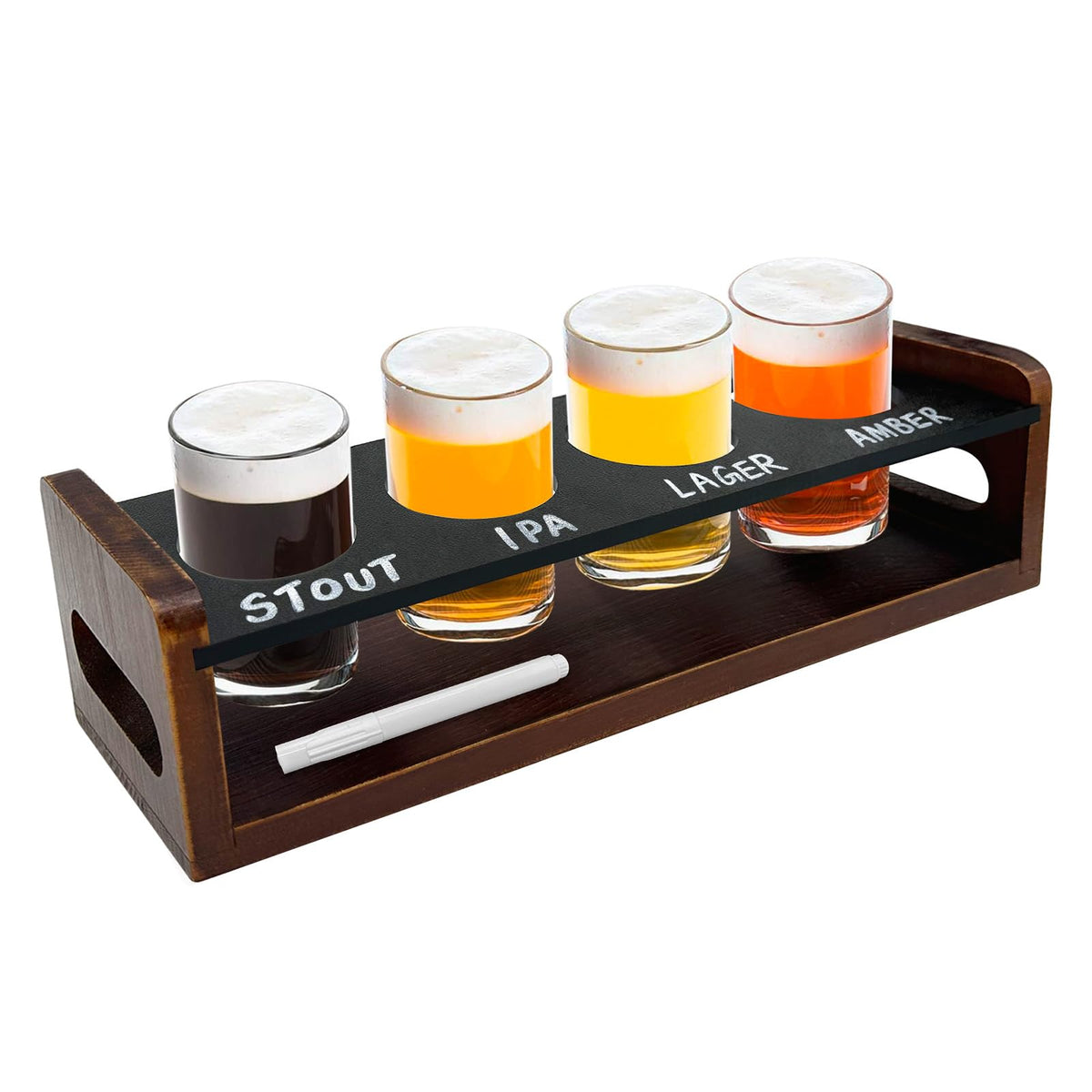 Acfunique tablero cata cervezas con 4 vasos 5oz, ideal para reuniones.