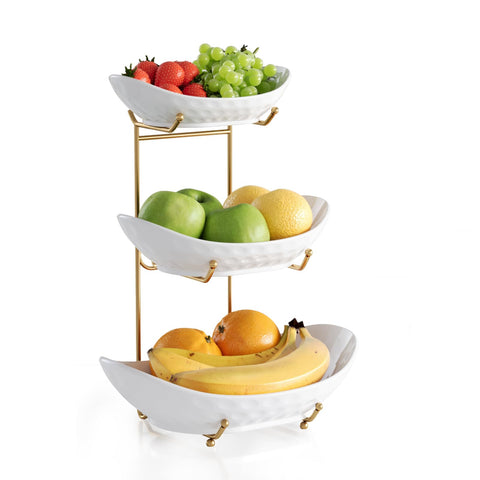 Acliys frutero cerámico de tres niveles para exhibir frutas con estilo.