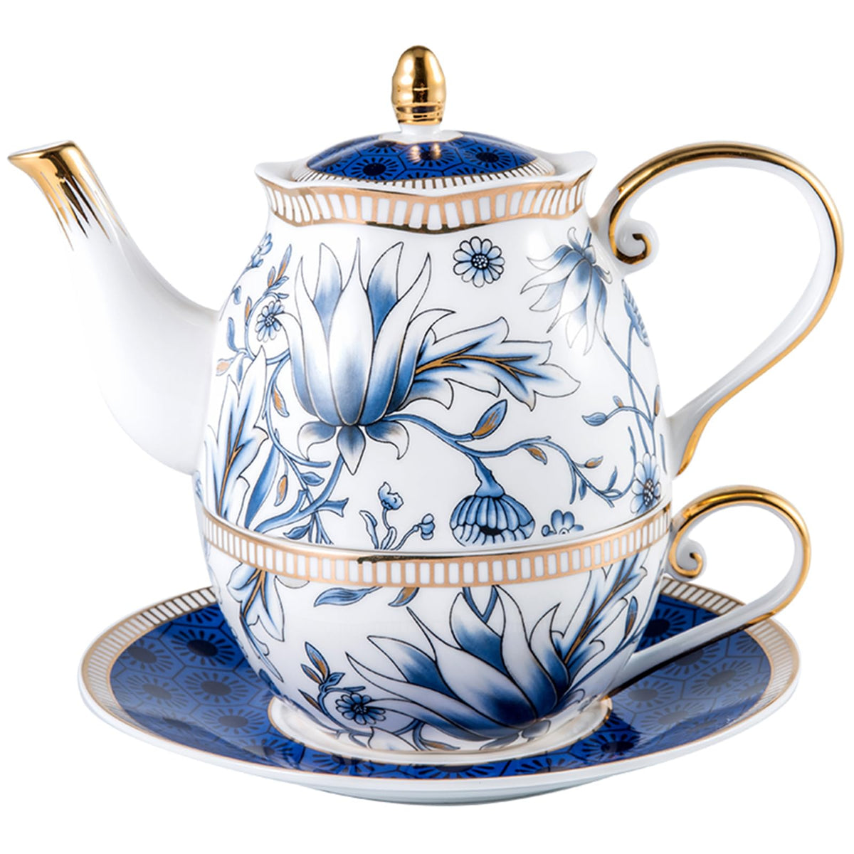 ACMLIFE juego de té para una persona, conjunto azul con flor vintage, ideal para pausas tranquilas