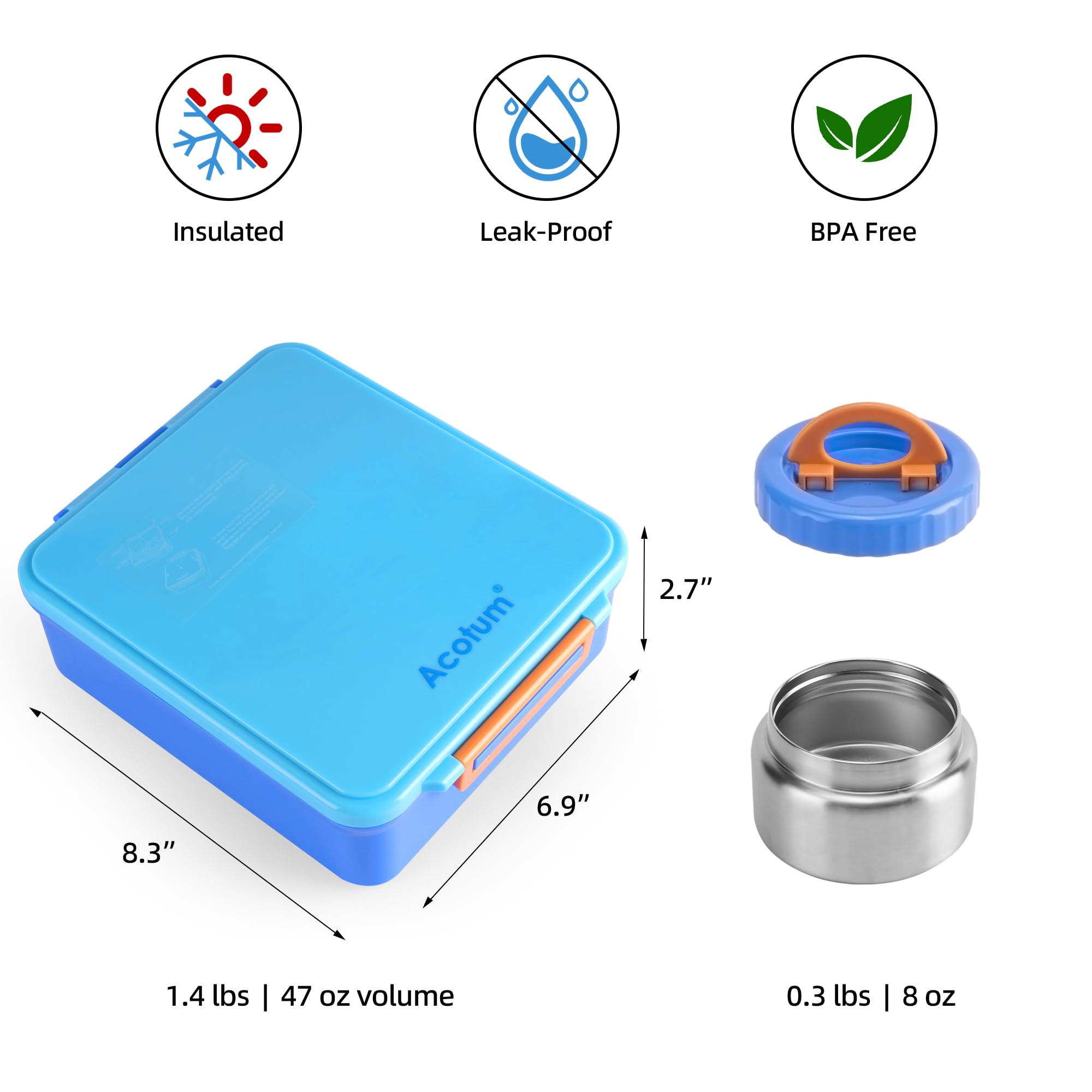 ACOTUM Bento compacto y ligero, ideal para mochilas escolares.
