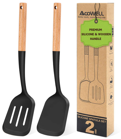 AcoWELL espatula sólida con mango de madera, ideal para saltear sin rayar sartenes antiadherentes.