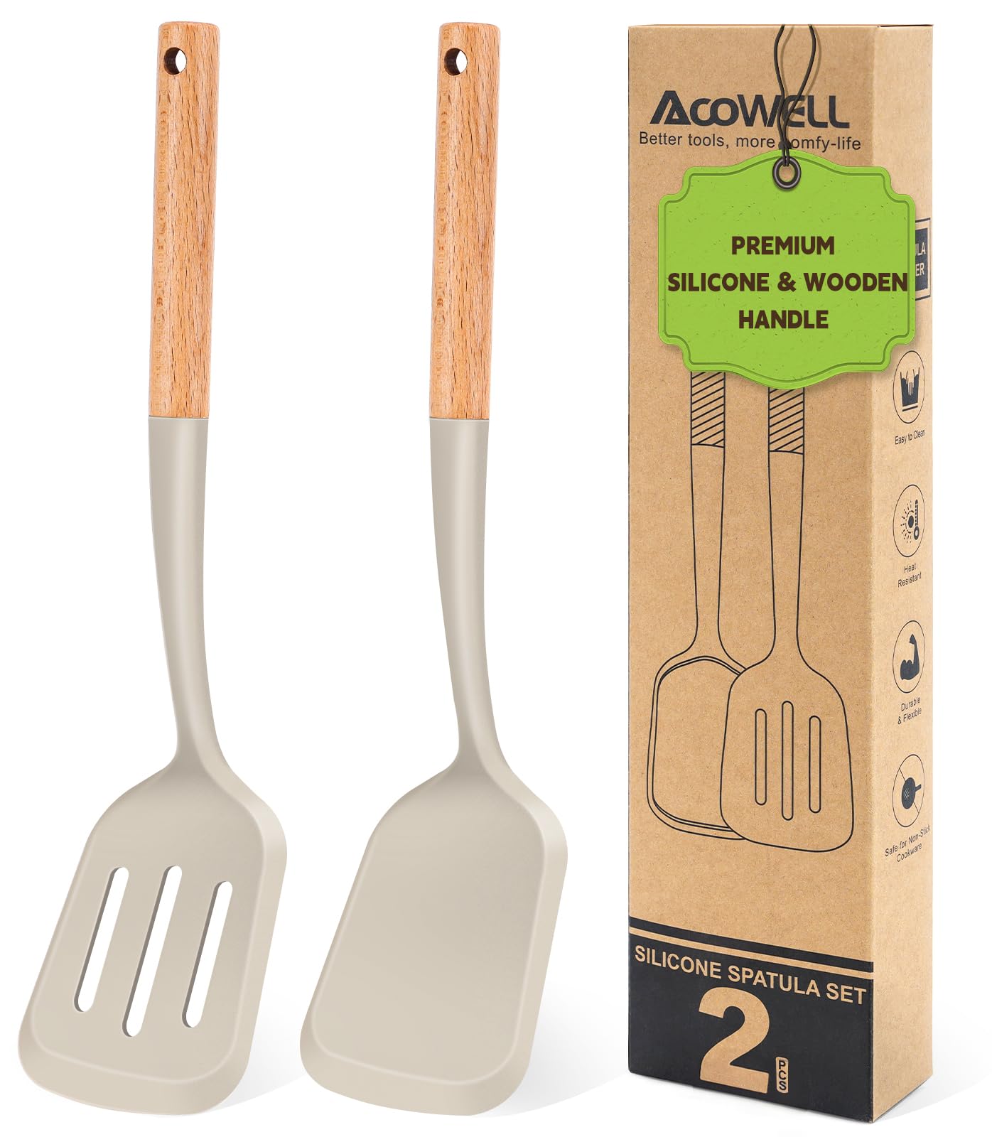 Espátulas AcoWELL pack de dos con mango de madera para sartén antiadherente.