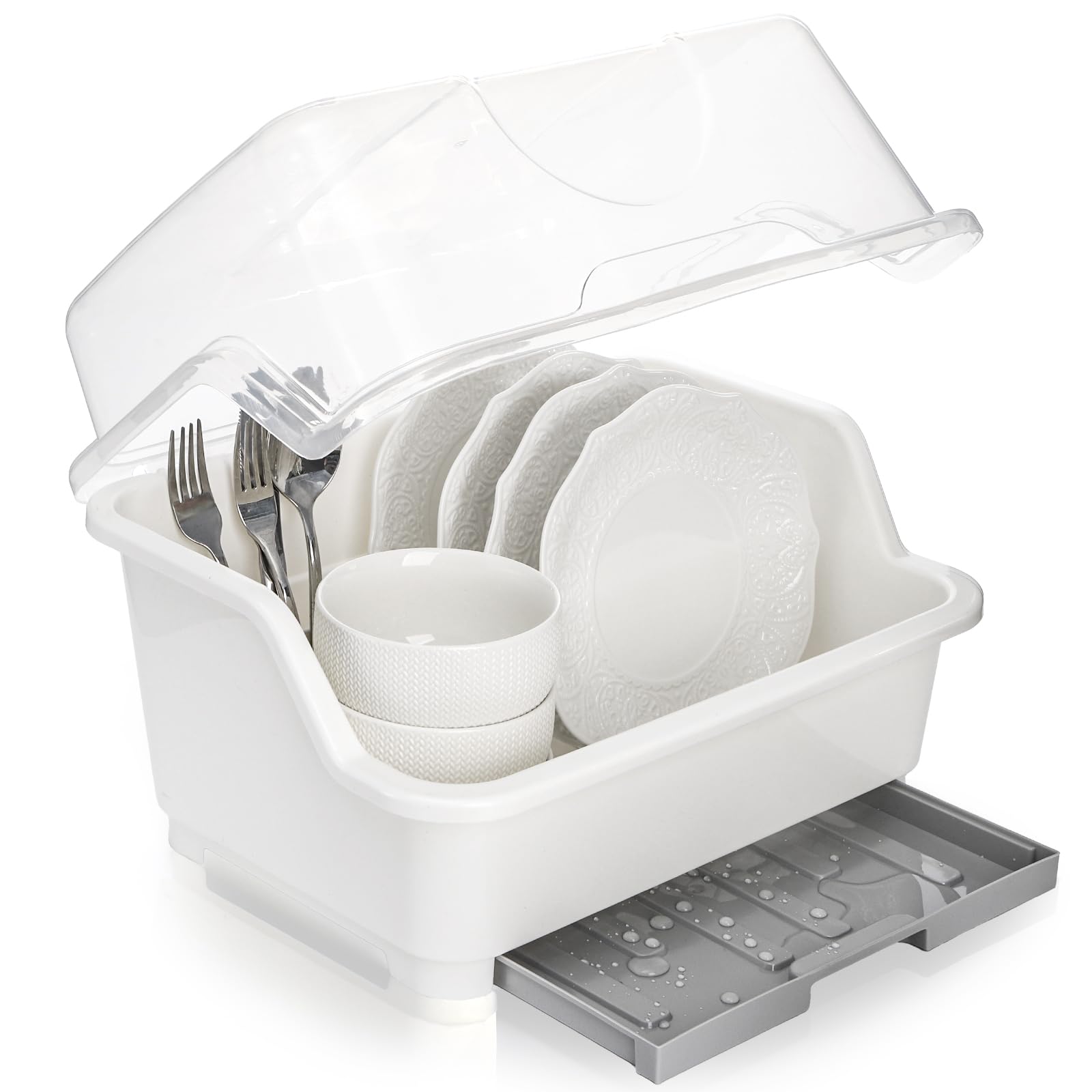Acshio secador de platos con tapa protege y seca la vajilla.