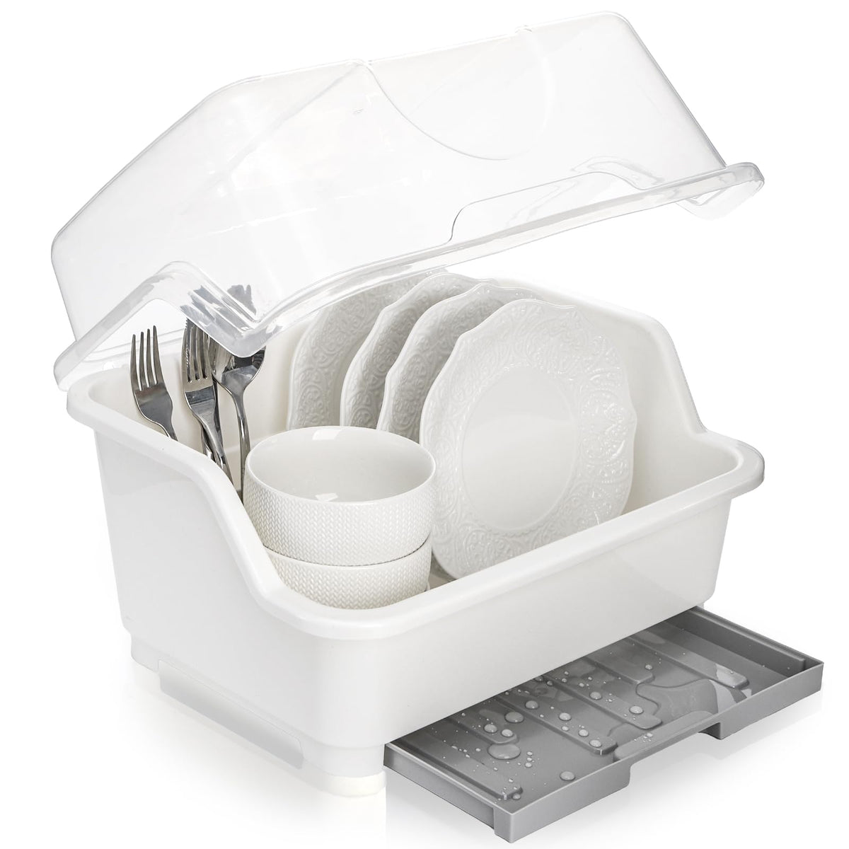 Acshio secador de platos con tapa protege y seca la vajilla.