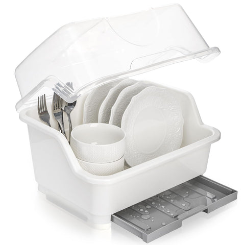 Acshio secador de platos con tapa protege y seca la vajilla.