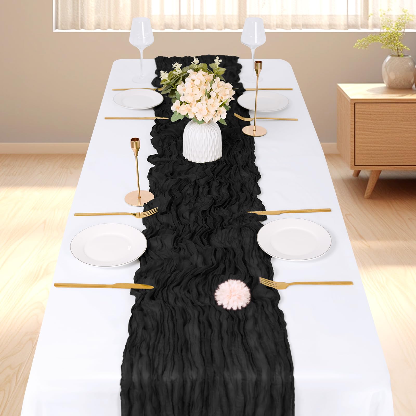 ACSUIT gasa negra bohemia drapeada, ideal para crear atmósfera romántica