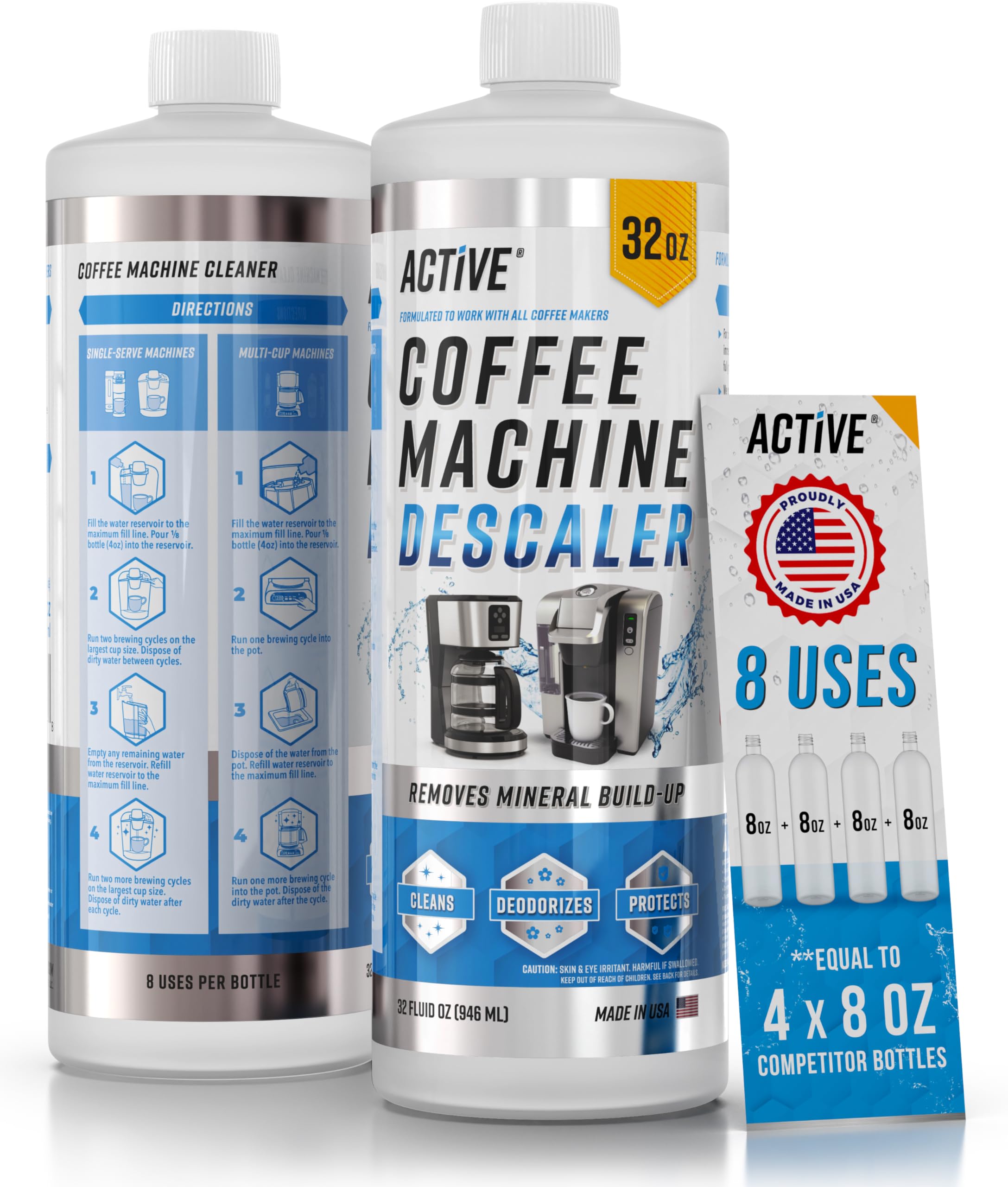 ACTIVE desincrustante 32oz en botella para eliminar cal y mejorar el sabor del café.
